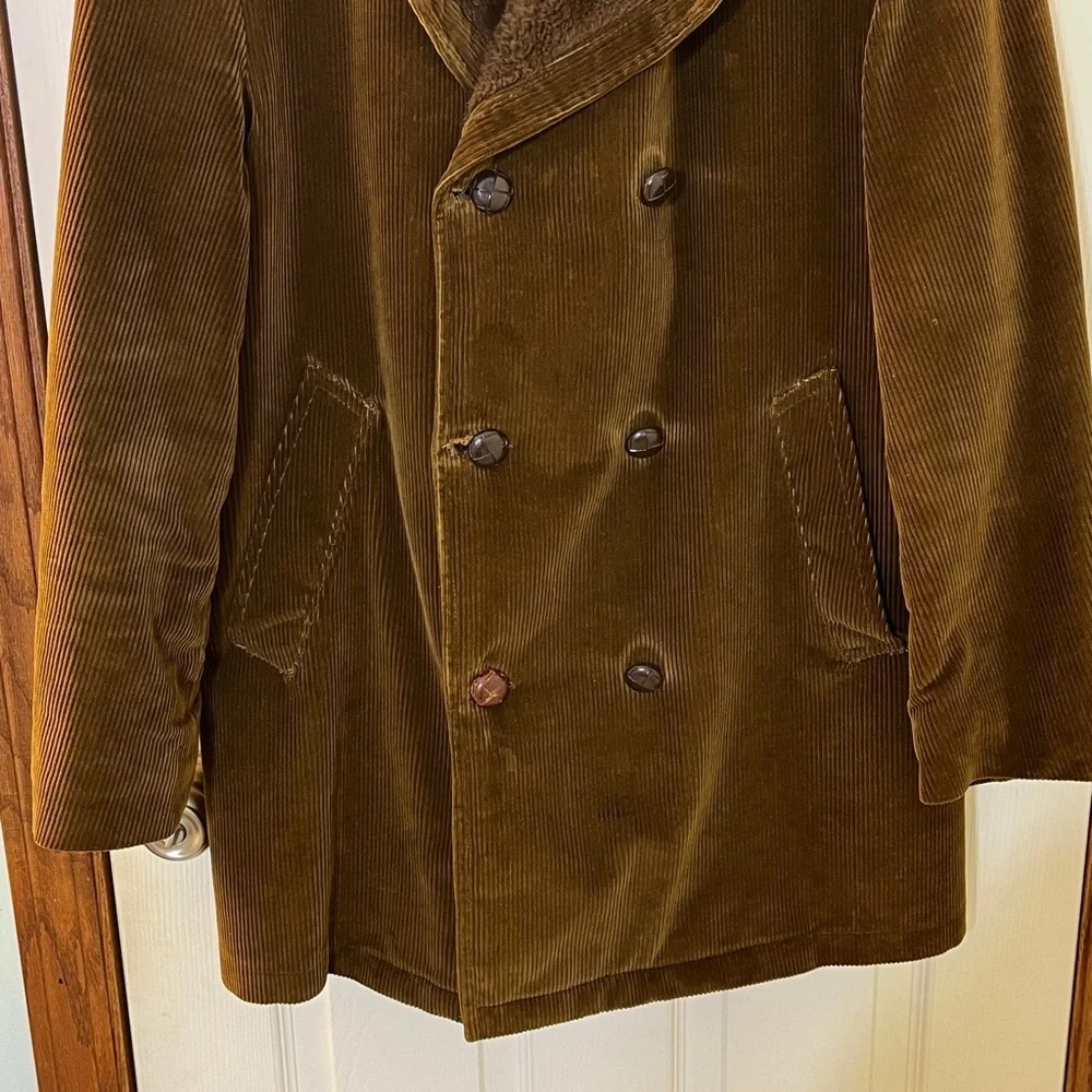 Vintage 70's Campus Outerwear Brown Corduroy Pea Coat Jacket Men's Sz 40 - USA